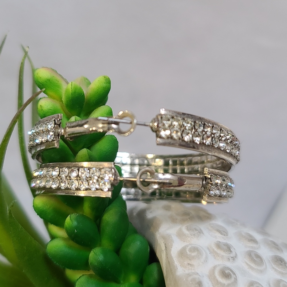 Silver & Rhinestone Hoop Earrings- 2" - Picture 2 of 4